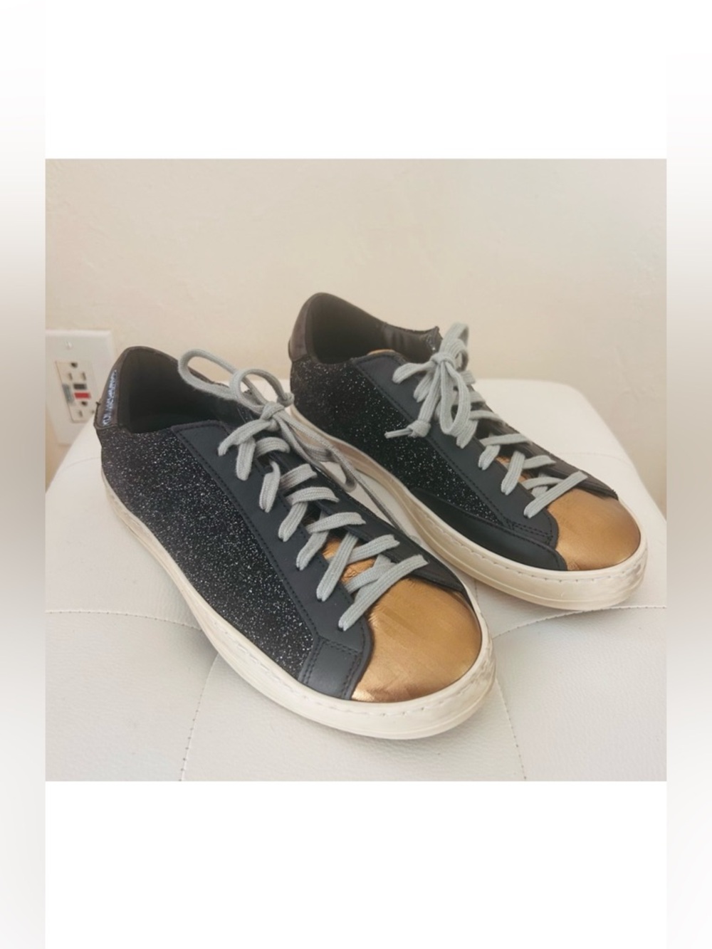 P448 John Blue Gray Leather Sneakers Metallic Toe Black Crystal Studs